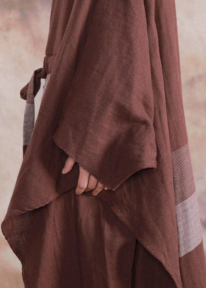100% O Neck Asymmetric Linen Clothes for Brown Plaid Drawstring Dresses Fall