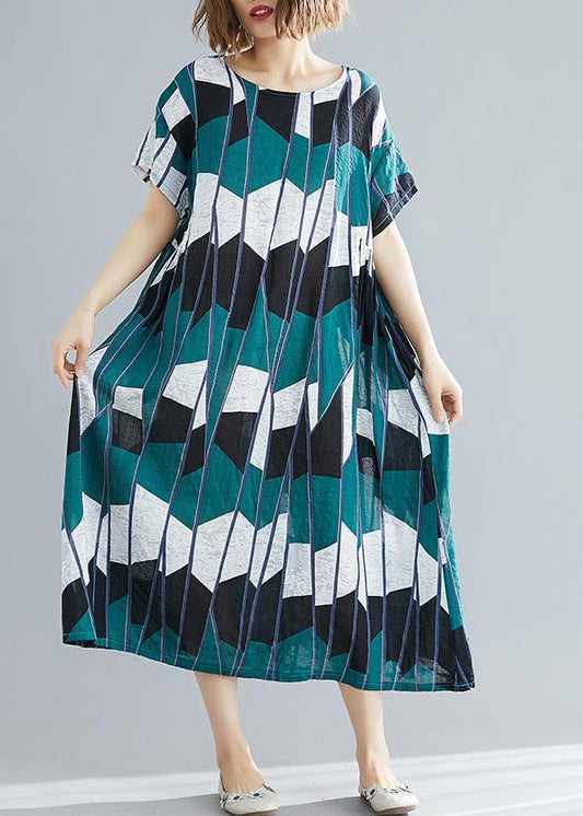 100% O Neck Chiffon Tunic Pattern Black Green Plaid Chiffon Dresses Summer