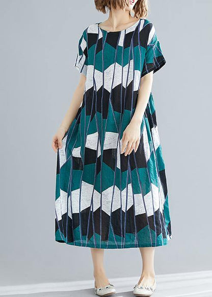 100% O Neck Chiffon Tunic Pattern Black Green Plaid Chiffon Dresses Summer