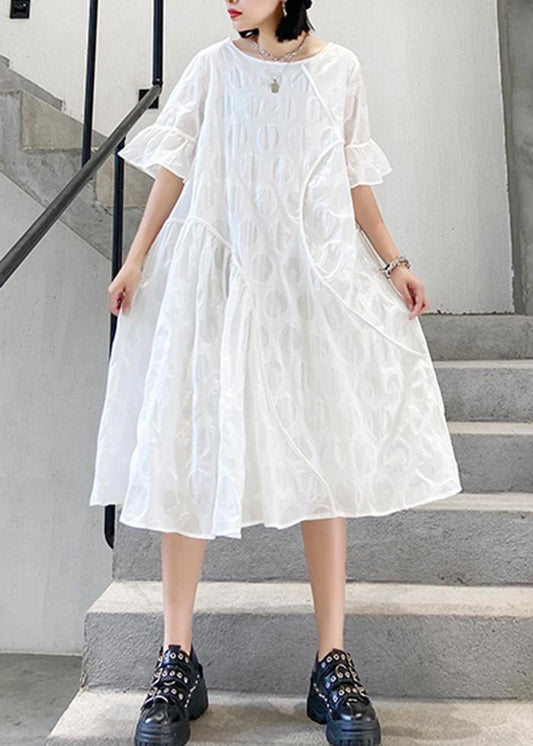 100% O Neck Flare Sleeve Cotton Tunics for Fabrics White Dotted Dresses