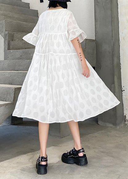 100% O Neck Flare Sleeve Cotton Tunics for Fabrics White Dotted Dresses