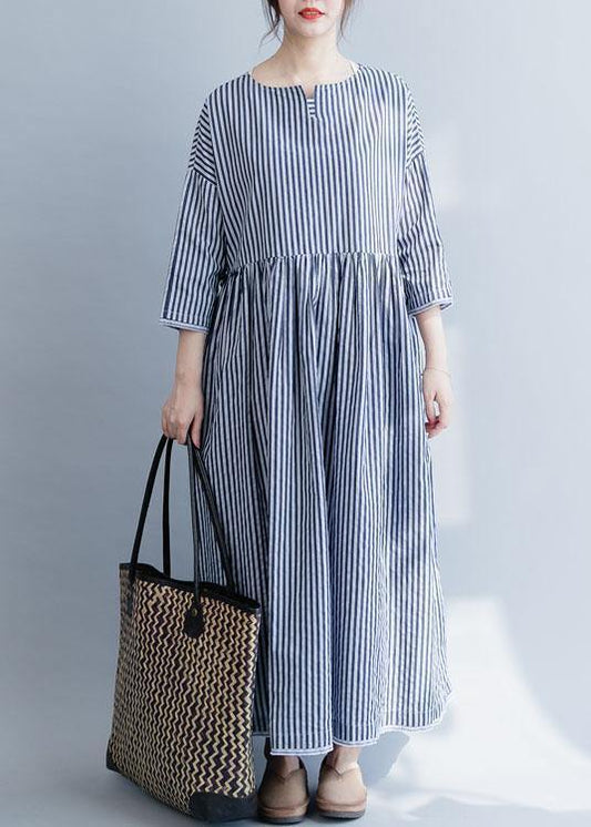 100% O Neck Half Sleeve Cotton Dresses Neckline Blue Striped Maxi Dress Fall