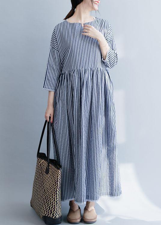 100% O Neck Half Sleeve Cotton Dresses Neckline Blue Striped Maxi Dress Fall
