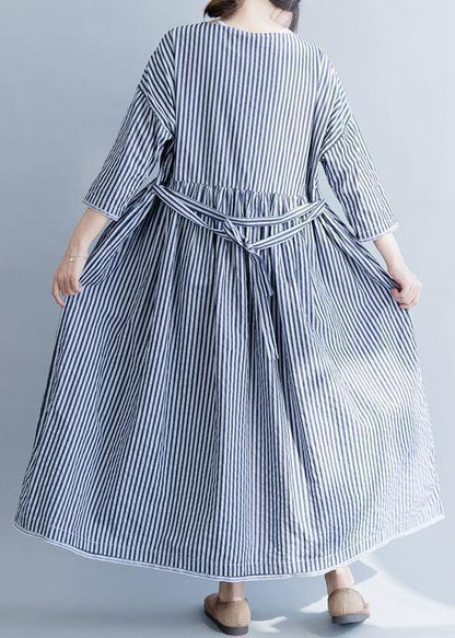 100% O Neck Half Sleeve Cotton Dresses Neckline Blue Striped Maxi Dress Fall