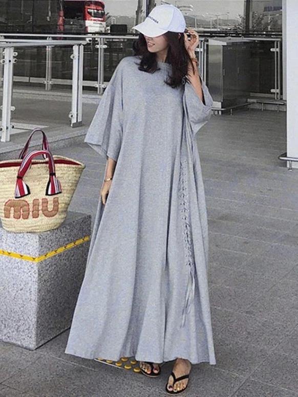 100% O Neck Large Hem Cotton Clothes Fabrics Black Dresses