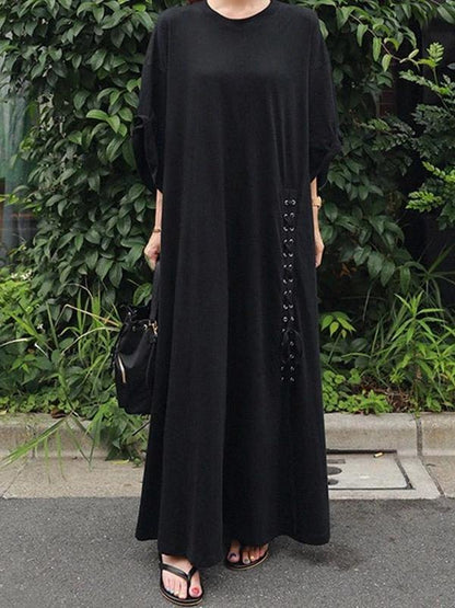 100% O Neck Large Hem Cotton Clothes Fabrics Black Dresses