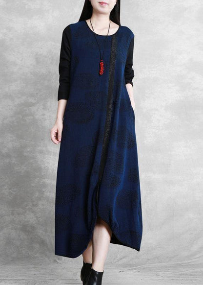 100% O Neck Patchwork Fall Tunics Outfits Navy a Line Dresses