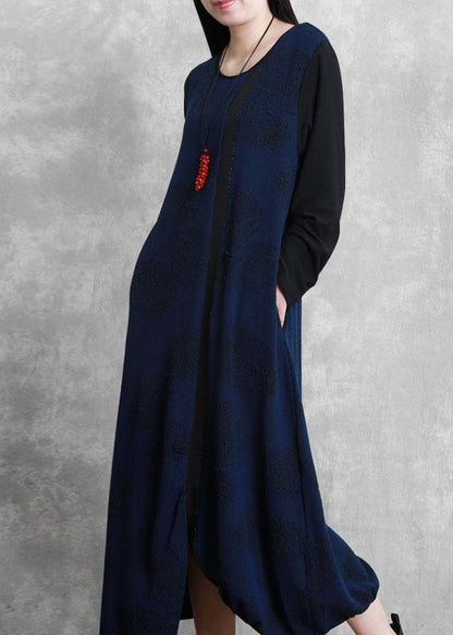 100% O Neck Patchwork Fall Tunics Outfits Navy a Line Dresses
