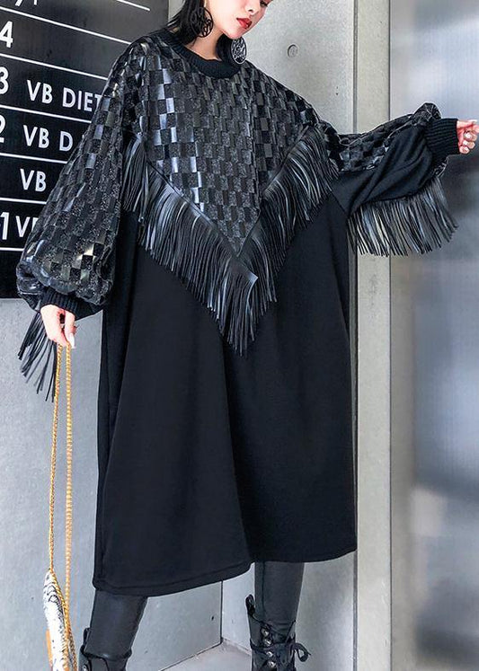 100% O Neck Patchwork Tassel Clothes Runway Black Plaid Maxi Dress