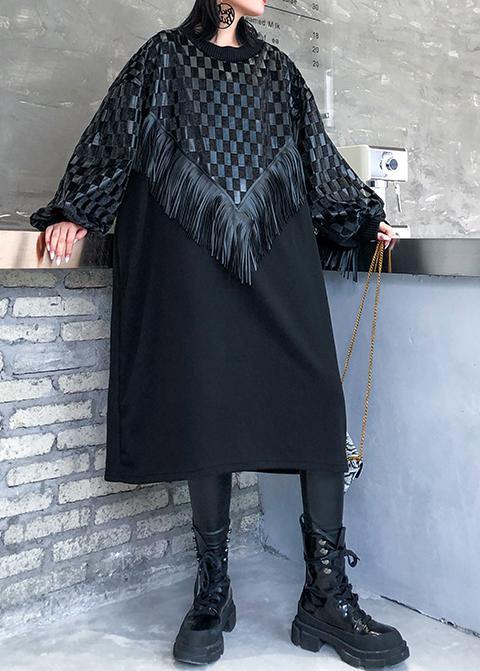 100% O Neck Patchwork Tassel Clothes Runway Black Plaid Maxi Dress