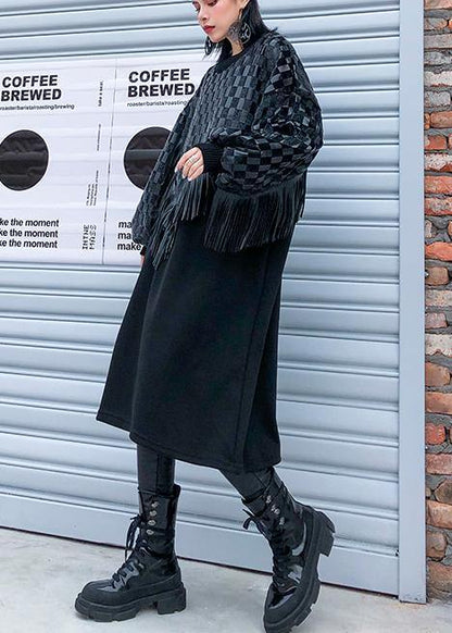 100% O Neck Patchwork Tassel Clothes Runway Black Plaid Maxi Dress