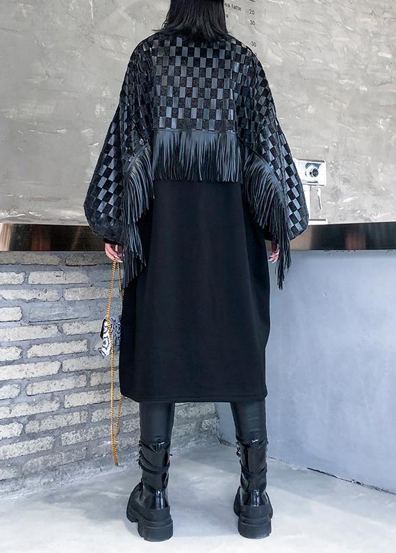 100% O Neck Patchwork Tassel Clothes Runway Black Plaid Maxi Dress