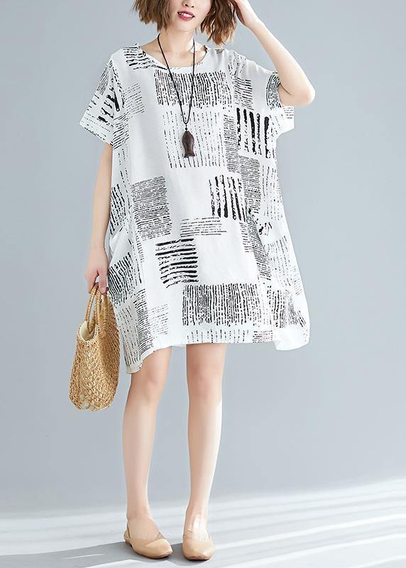 100% O Neck Pockets Cotton Blended Clothes for Stylish Wardrobes White Print Short Dress Summer