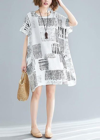 100% O Neck Pockets Cotton Blended Clothes for Stylish Wardrobes White Print Short Dress Summer