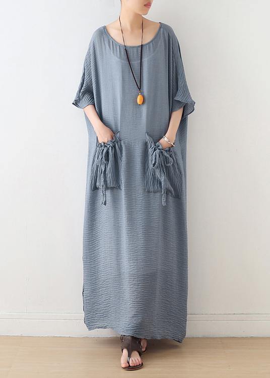 100% O Neck Pockets Cotton Clothes for Sewing Light Blue Cotton Robes Dress