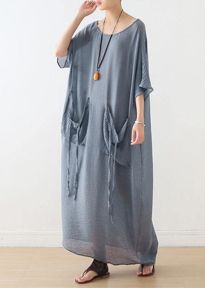100% O Neck Pockets Cotton Clothes for Sewing Light Blue Cotton Robes Dress