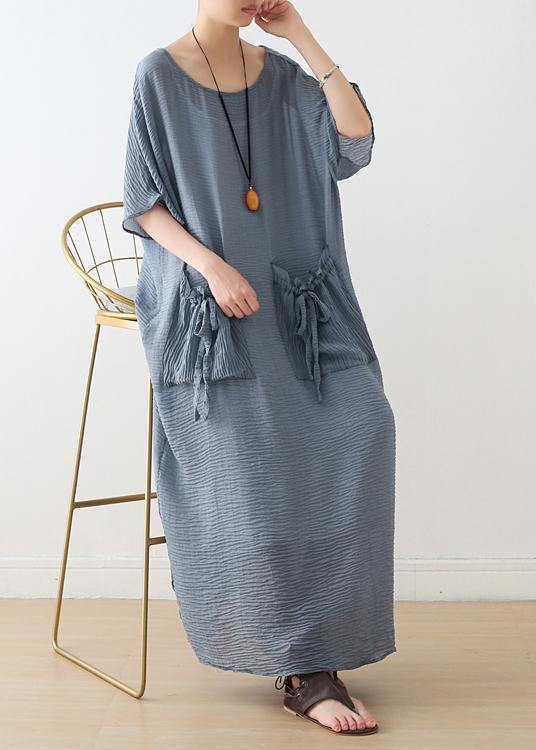100% O Neck Pockets Cotton Clothes for Sewing Light Blue Cotton Robes Dress