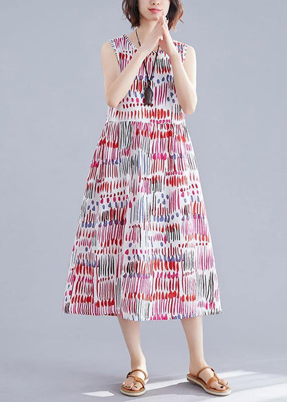 100% Red Striped Chiffon Clothes for O Neck Sleeveless Midi Dress