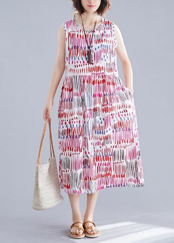 100% Red Striped Chiffon Clothes for O Neck Sleeveless Midi Dress