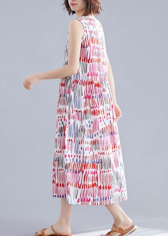 100% Red Striped Chiffon Clothes for O Neck Sleeveless Midi Dress