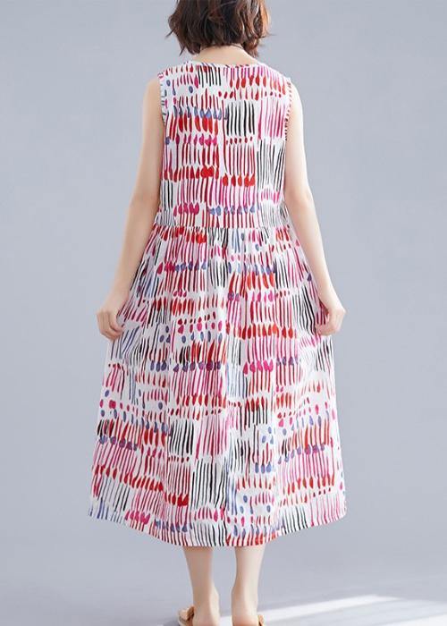 100% Red Striped Chiffon Clothes for O Neck Sleeveless Midi Dress