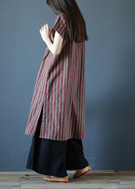 100% Striped Cotton Tunics Stand Collar Chinese Button Art Dress