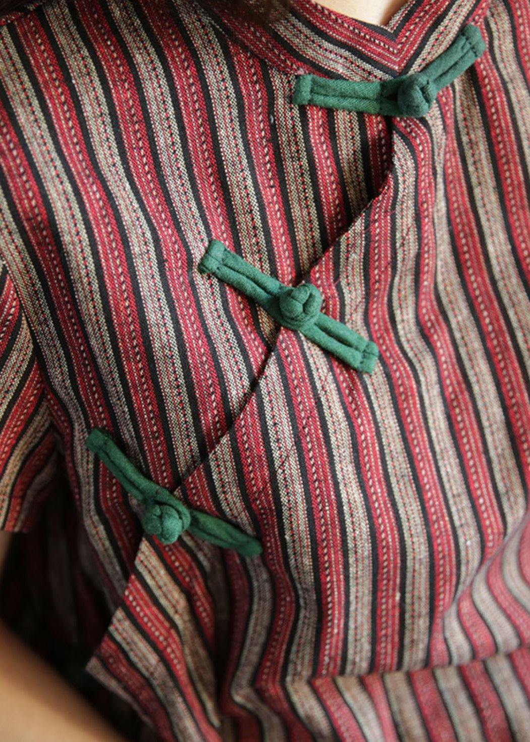 100% Striped Cotton Tunics Stand Collar Chinese Button Art Dress