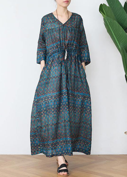 100% V Neck Drawstring Dress Pattern Green Dotted Robe Dress