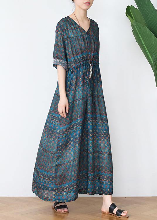 100% V Neck Drawstring Dress Pattern Green Dotted Robe Dress