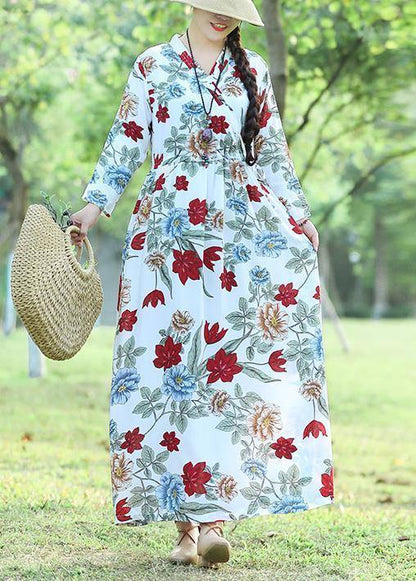 100% White Prints Cotton Wardrobes Fun Work Outfits V Neck Loose Summer Dress