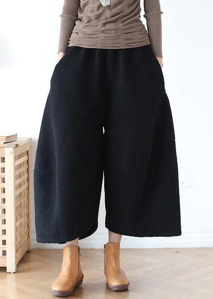 100% Wide Leg Pants Stylish Black Elastic Waist Trousers