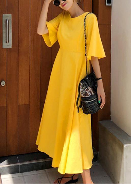 100% Yellow Cotton Linen Long Shirts Flare Sleeve Bow Loose Summer Dress