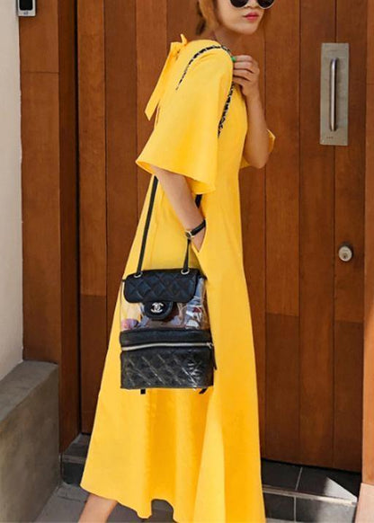 100% Yellow Cotton Linen Long Shirts Flare Sleeve Bow Loose Summer Dress