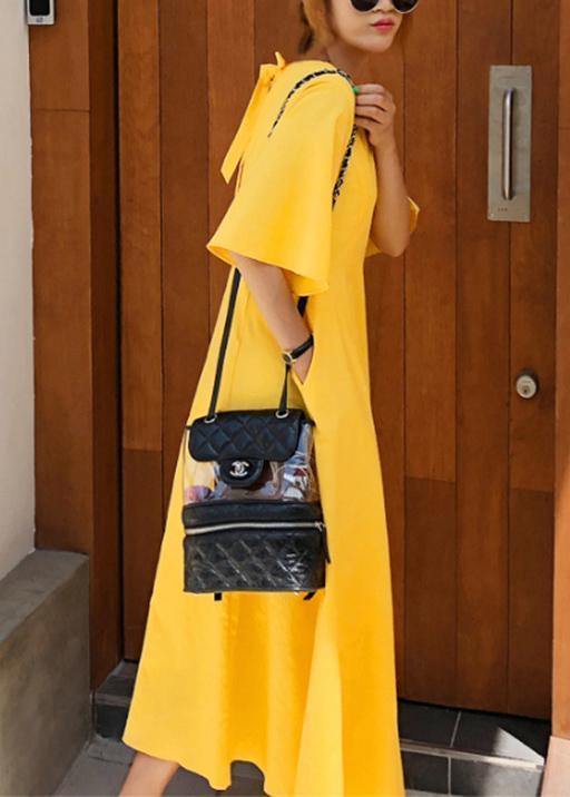 100% Yellow Cotton Linen Long Shirts Flare Sleeve Bow Loose Summer Dress
