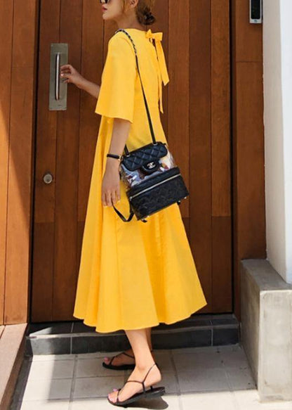 100% Yellow Cotton Linen Long Shirts Flare Sleeve Bow Loose Summer Dress