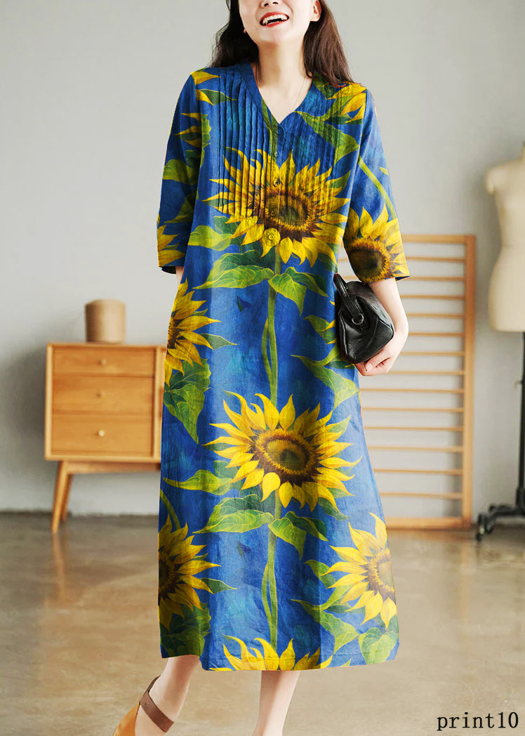 Light Green Loose Linen Long Dresses Button Half Sleeve