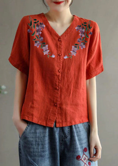 Loose Pink V Neck Embroideried Summer Cotton Blend Shirt