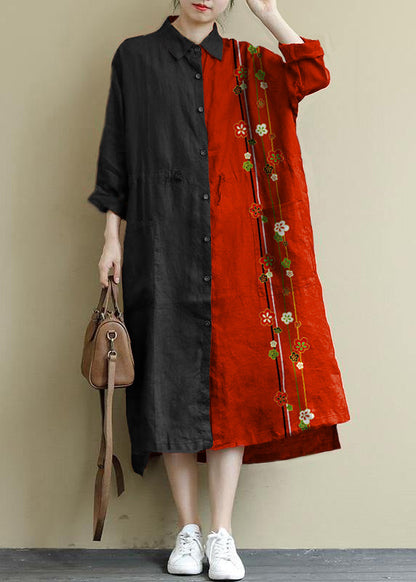 Gray Flower Linen Shirt Dress Oversize Spring Maxi Dresses