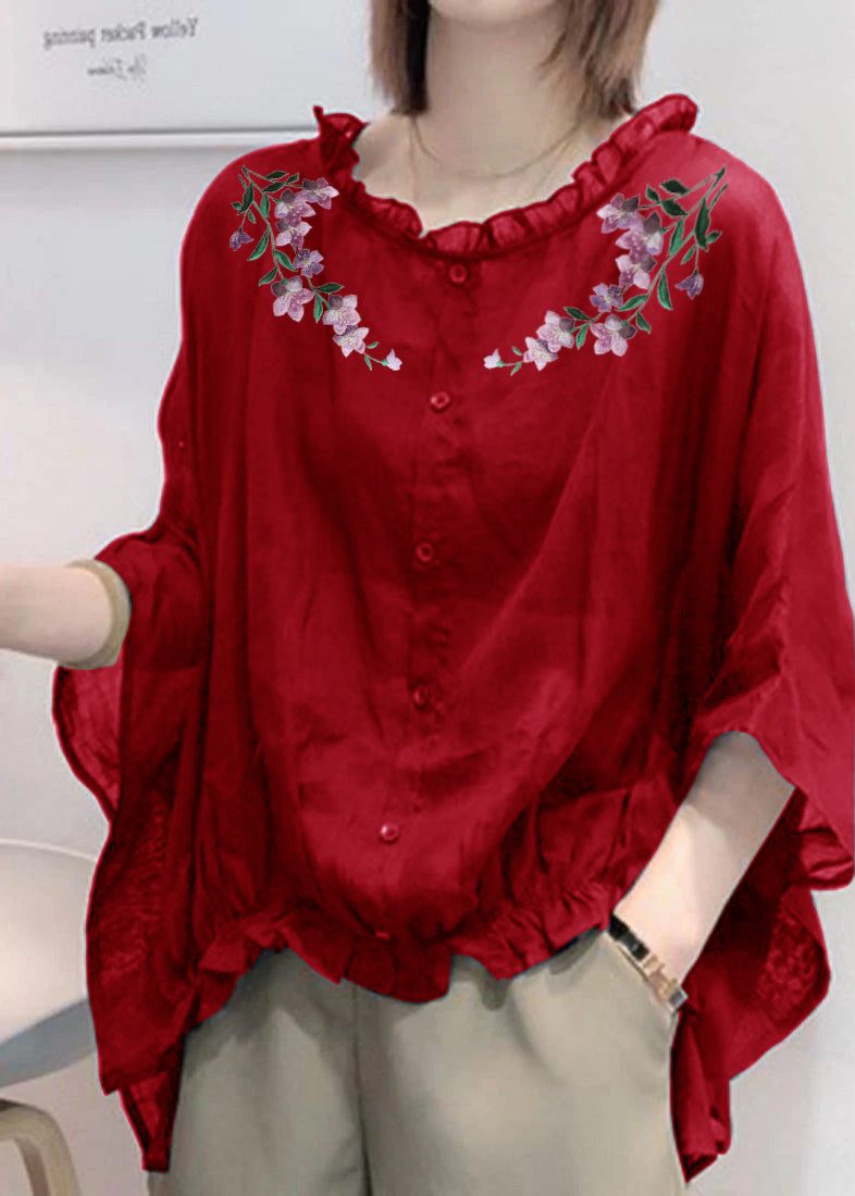 Art Black Print Tops Ruffles Trim Half Sleeve Shirts Blouse
