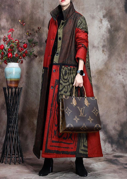 Boutique Red Print Pockets Thick Cotton Winter Long Sleeve Coat