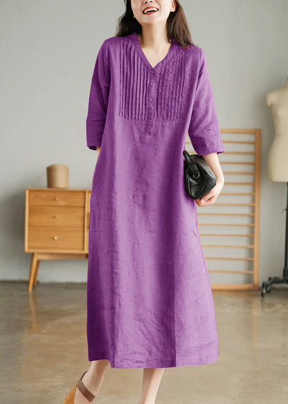 Light Green Loose Linen Long Dresses Button Half Sleeve