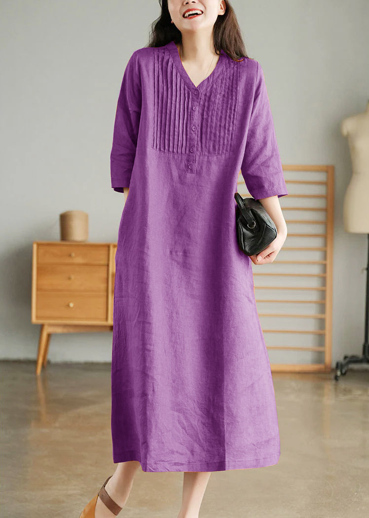 Light Green Loose Linen Long Dresses Button Half Sleeve