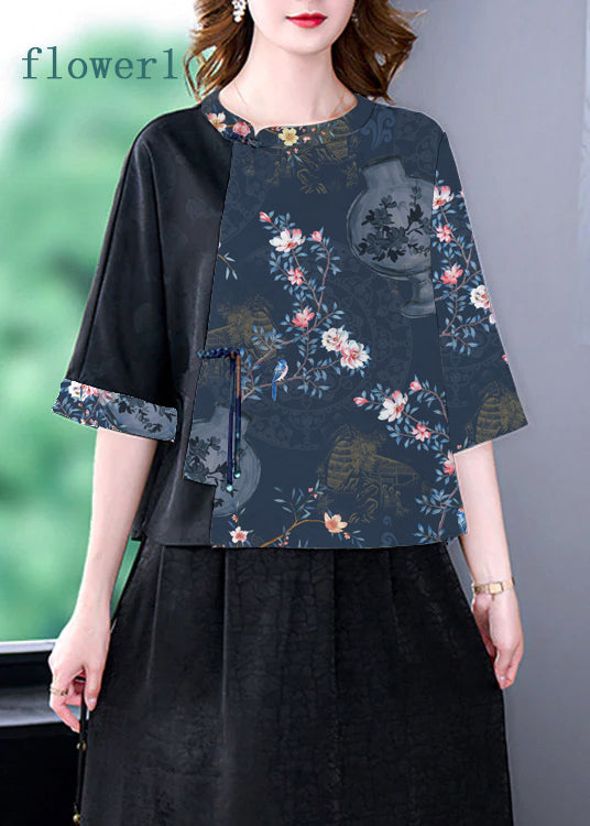 Flower3 O-neck Print Patchwork Top Bracelet Sleeve
