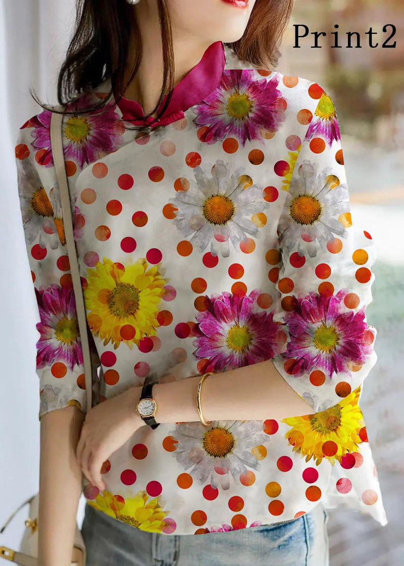 Unique Bamboo Pattern Print Linen Blouses Spring