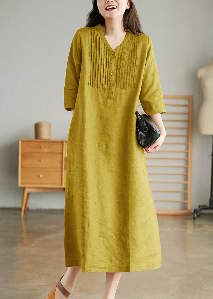 Grey Print7 Loose Linen Long Dresses Button Half Sleeve