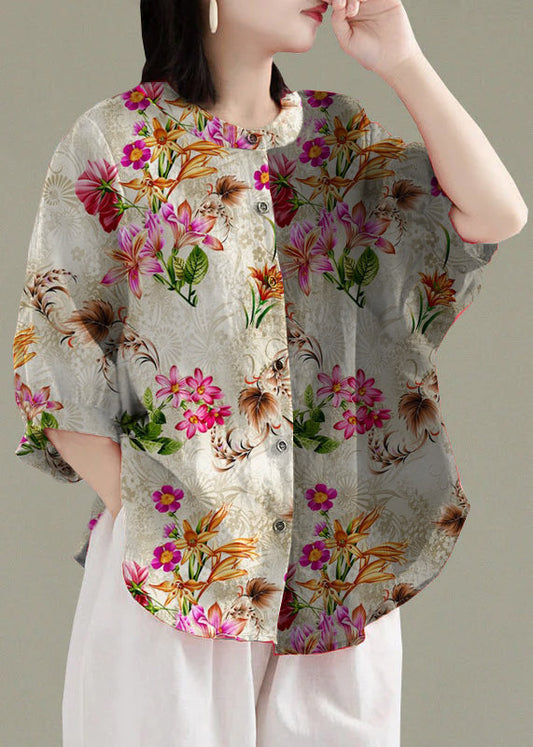 Art White Patchwork O-neck Button Linen Loose Shirt Top Lantern Sleeve