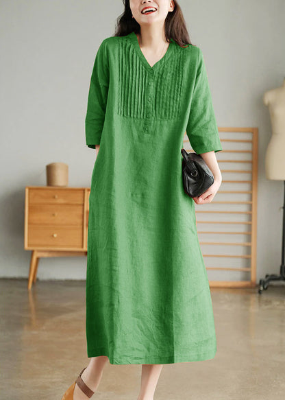 Grey Print7 Loose Linen Long Dresses Button Half Sleeve