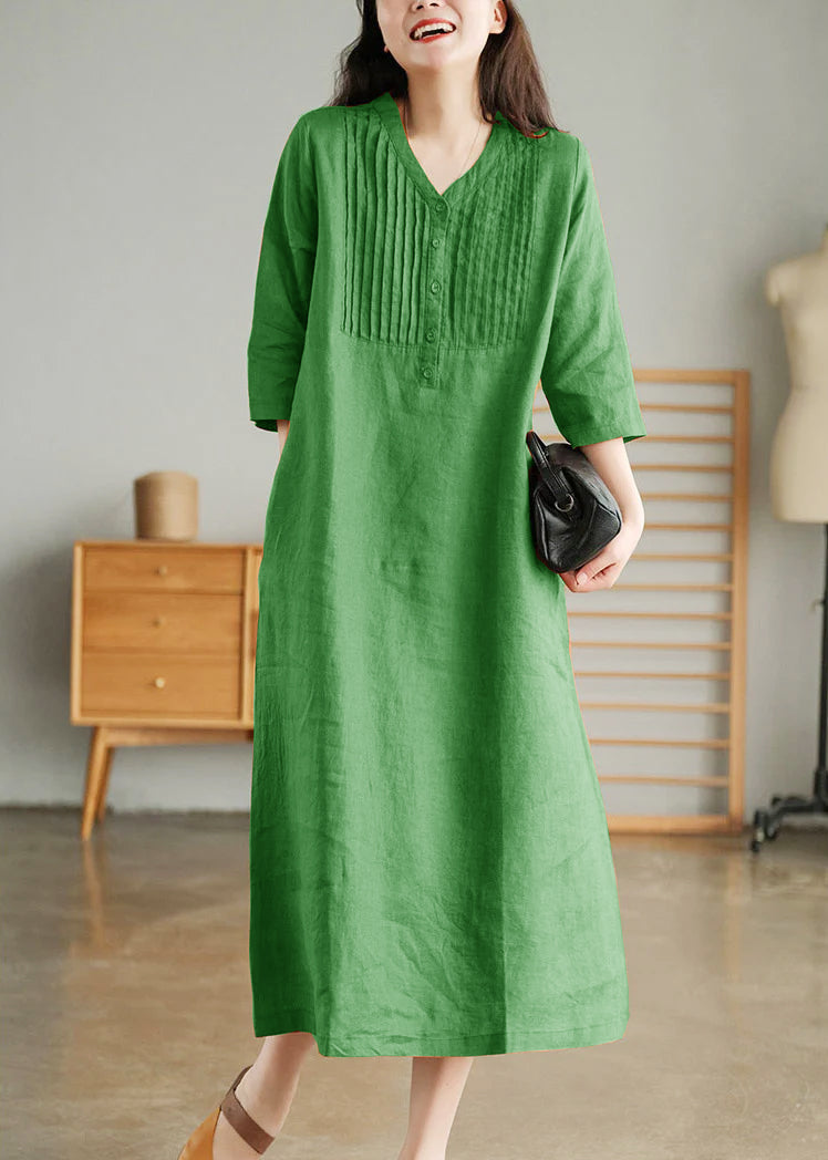 Yellow Loose Linen Long Dresses Button Half Sleeve