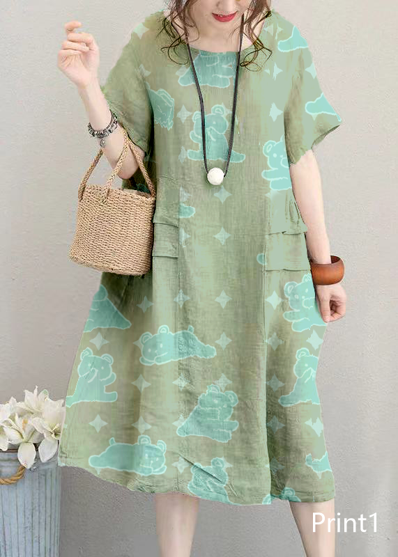 Fine Print5 Linen Dress Linen Clothing Dresses O Neck Patchwork Cotton Dress