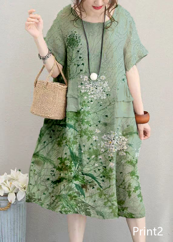 Fine Print2 Linen Dress Linen Clothing Dresses O Neck Patchwork Cotton Dress